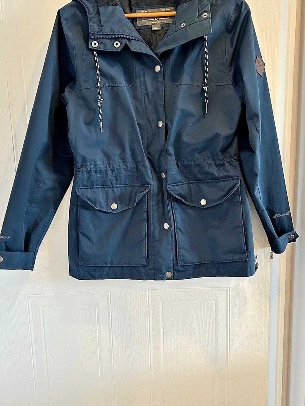 Eddie Bauer WeatherEdge Hooded Utility Rain Jacket Blue Small